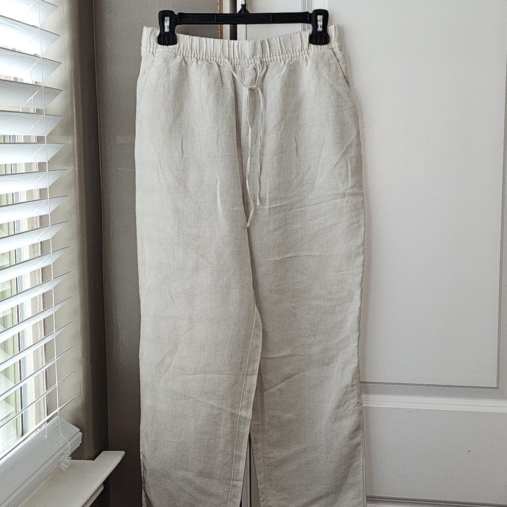 H&M Wide Leg Pants in Cream-Linen Blend